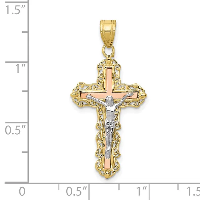 Qgold Necklaces 10k Tri Color 16 mm Tricolor Diamondcut Jesus Crucifix Pendant 149 grams Qgold Necklaces 10k Tri Color 16 mm Tricolor Diamondcut Jesus Crucifix Pendant 149 grams