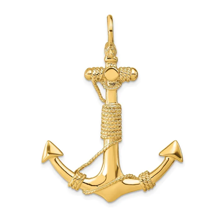 Qgold Necklaces 10k Yellow Gold 37 mm 3D Solid Anchor with Rope Pendant 1011 grams