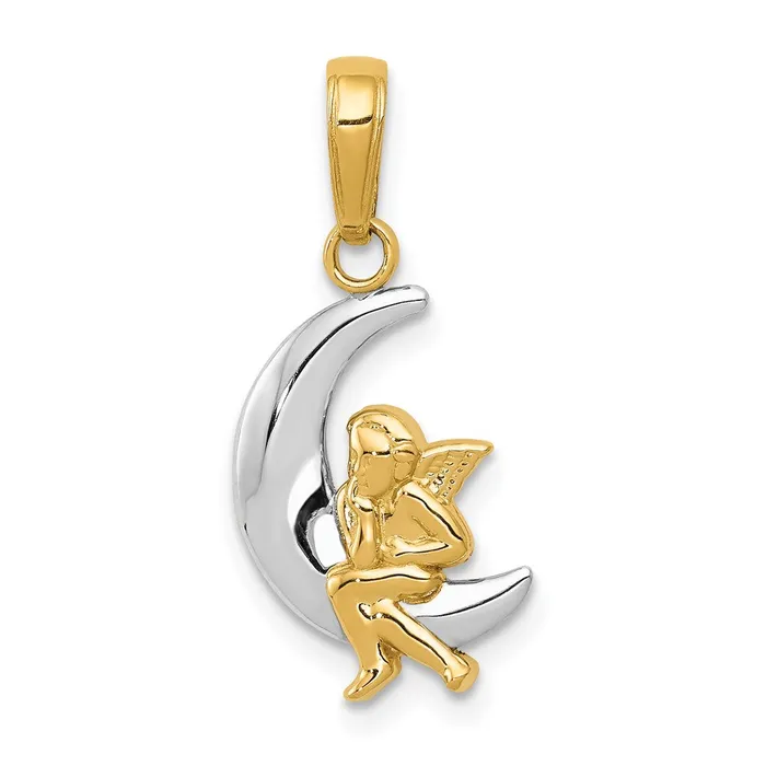 Qgold Necklaces 10k Yellow wRhodium 11 mm Polished Moon w Angel Pendant 079 grams