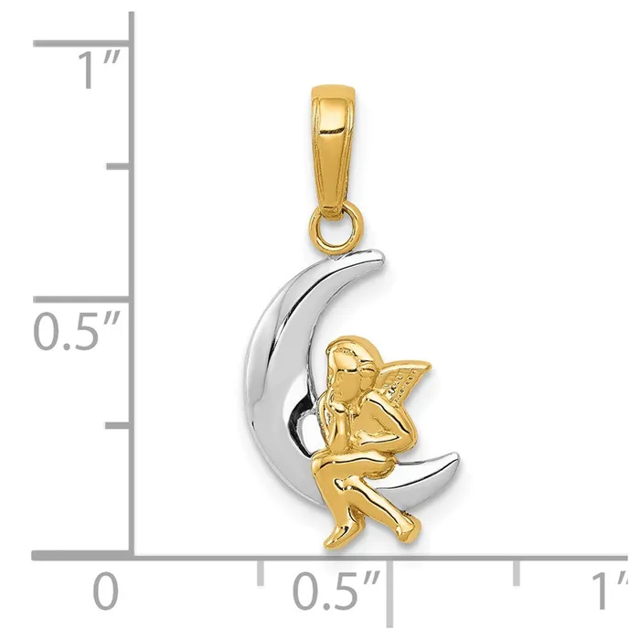 Qgold Necklaces 10k Yellow wRhodium 11 mm Polished Moon w Angel Pendant 079 grams Qgold Necklaces 10k Yellow wRhodium 11 mm Polished Moon w Angel Pendant 079 grams