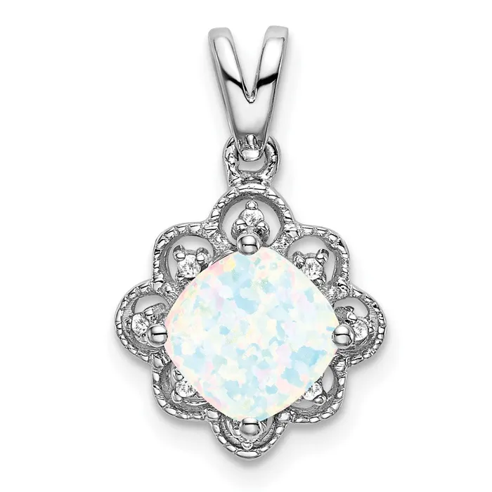 Qgold Necklaces 14k White Gold Created Opal and Diamond Scalloped Pendant 115 grams Qgold Necklaces 14k White Gold Created Opal and Diamond Scalloped Pendant 115 grams