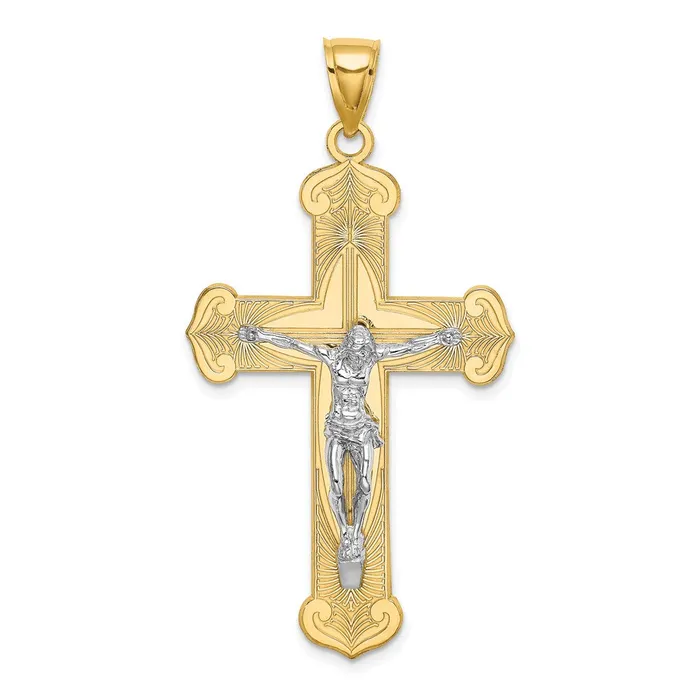 Qgold Rings 14k Twotone 26 mm Twotone Engraved Crucifix Charm 355 grams