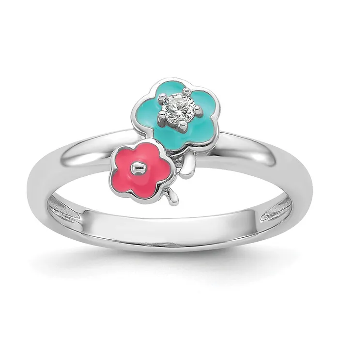 Qgold Rings Sterling Silver RHplated BluePink Enameled CZ Floral Childrens Ring 148 grams Qgold Rings Sterling Silver RHplated BluePink Enameled CZ Floral Childrens Ring 148 grams