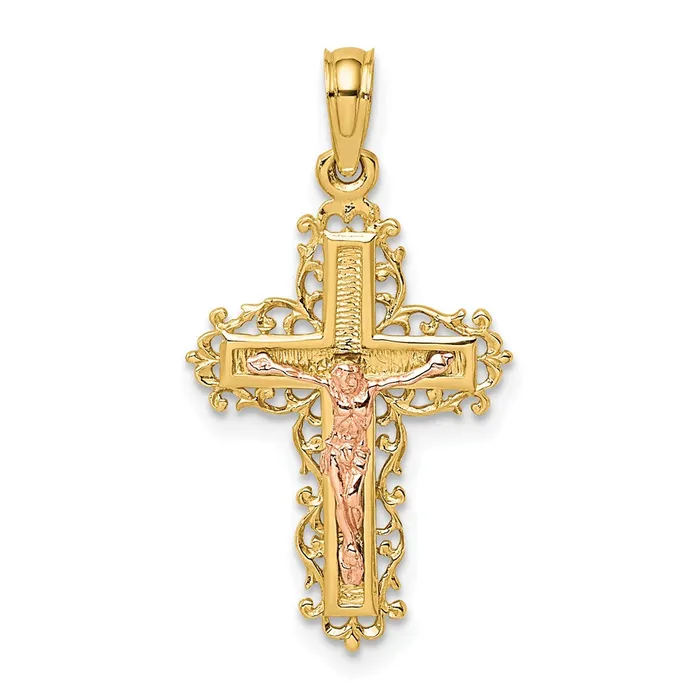 Rings 10k Twotone 15 mm TwoTone Jesus Crucifix W Lace Trim Charm 103 grams Qgold Rings 10k Twotone 15 mm TwoTone Jesus Crucifix W Lace Trim Charm 103 grams Qgold