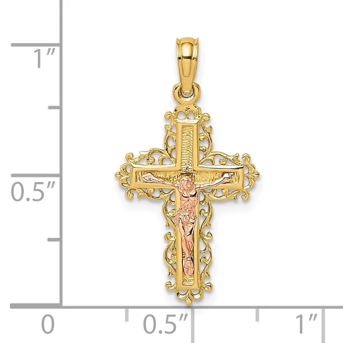 Rings 10k Twotone 15 mm TwoTone Jesus Crucifix W Lace Trim Charm 103 grams Qgold Rings 10k Twotone 15 mm TwoTone Jesus Crucifix W Lace Trim Charm 103 grams Qgold