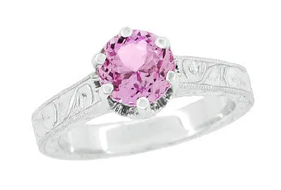 Rings Antique Jewelry Mall Art Deco Filigree Crown Solitaire 1 Carat Pink Sapphire Engraved Engagement Ring in 18 Karat White Gold Rings Antique Jewelry Mall Art Deco Filigree Crown Solitaire 1 Carat Pink Sapphire Engraved Engagement Ring in 18 Karat White Gold