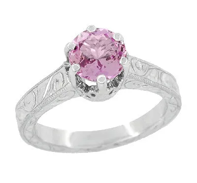 Rings Antique Jewelry Mall Art Deco Filigree Crown Solitaire 1 Carat Pink Sapphire Engraved Engagement Ring in 18 Karat White Gold Rings Antique Jewelry Mall Art Deco Filigree Crown Solitaire 1 Carat Pink Sapphire Engraved Engagement Ring in 18 Karat White Gold