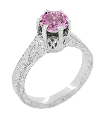 Rings Antique Jewelry Mall Art Deco Filigree Crown Solitaire 1 Carat Pink Sapphire Engraved Engagement Ring in 18 Karat White Gold Rings Antique Jewelry Mall Art Deco Filigree Crown Solitaire 1 Carat Pink Sapphire Engraved Engagement Ring in 18 Karat White Gold