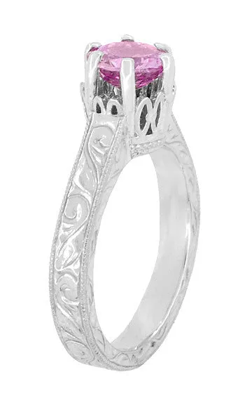 Rings Antique Jewelry Mall Art Deco Filigree Crown Solitaire 1 Carat Pink Sapphire Engraved Engagement Ring in 18 Karat White Gold Rings Antique Jewelry Mall Art Deco Filigree Crown Solitaire 1 Carat Pink Sapphire Engraved Engagement Ring in 18 Karat White Gold