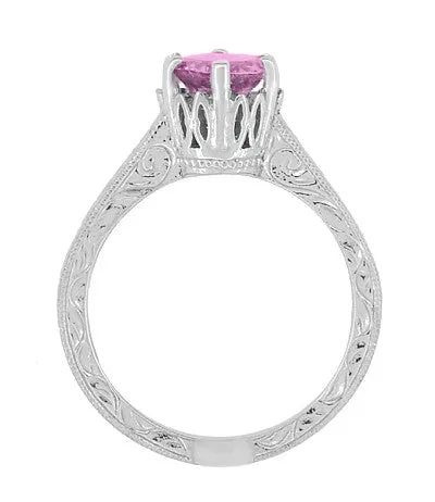 Rings Antique Jewelry Mall Art Deco Filigree Crown Solitaire 1 Carat Pink Sapphire Engraved Engagement Ring in 18 Karat White Gold Rings Antique Jewelry Mall Art Deco Filigree Crown Solitaire 1 Carat Pink Sapphire Engraved Engagement Ring in 18 Karat White Gold
