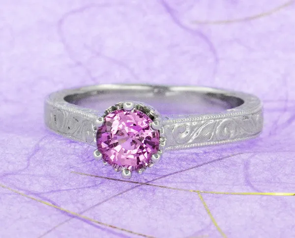 Rings Antique Jewelry Mall Art Deco Filigree Crown Solitaire 1 Carat Pink Sapphire Engraved Engagement Ring in 18 Karat White Gold Rings Antique Jewelry Mall Art Deco Filigree Crown Solitaire 1 Carat Pink Sapphire Engraved Engagement Ring in 18 Karat White Gold
