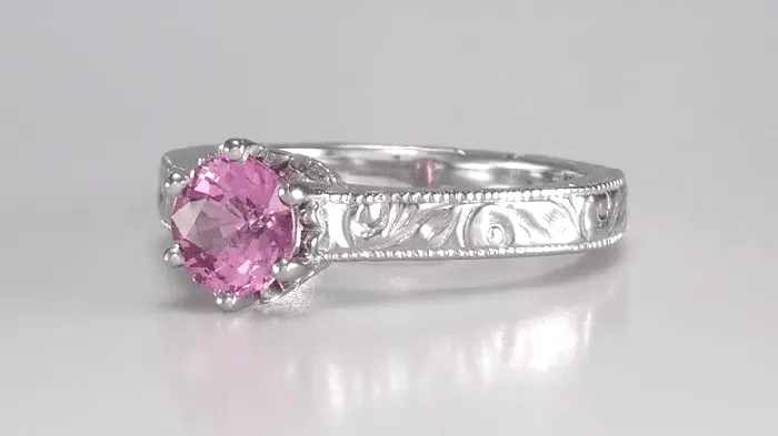 Rings Antique Jewelry Mall Art Deco Filigree Crown Solitaire 1 Carat Pink Sapphire Engraved Engagement Ring in 18 Karat White Gold Rings Antique Jewelry Mall Art Deco Filigree Crown Solitaire 1 Carat Pink Sapphire Engraved Engagement Ring in 18 Karat White Gold