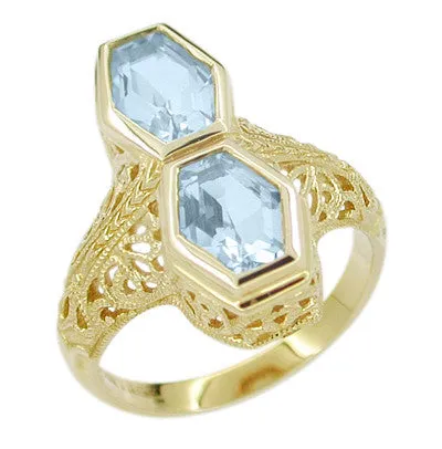 Rings Antique Jewelry Mall Art Deco Love Duet Blue Topaz Filigree Ring in 14 Karat Yellow Gold Rings Antique Jewelry Mall Art Deco Love Duet Blue Topaz Filigree Ring in 14 Karat Yellow Gold