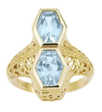 Rings Antique Jewelry Mall Art Deco Love Duet Blue Topaz Filigree Ring in 14 Karat Yellow Gold Rings Antique Jewelry Mall Art Deco Love Duet Blue Topaz Filigree Ring in 14 Karat Yellow Gold