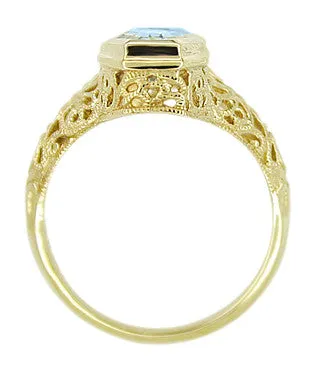 Rings Antique Jewelry Mall Art Deco Love Duet Blue Topaz Filigree Ring in 14 Karat Yellow Gold Rings Antique Jewelry Mall Art Deco Love Duet Blue Topaz Filigree Ring in 14 Karat Yellow Gold