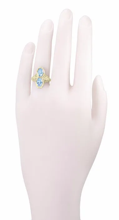Rings Antique Jewelry Mall Art Deco Love Duet Blue Topaz Filigree Ring in 14 Karat Yellow Gold Rings Antique Jewelry Mall Art Deco Love Duet Blue Topaz Filigree Ring in 14 Karat Yellow Gold