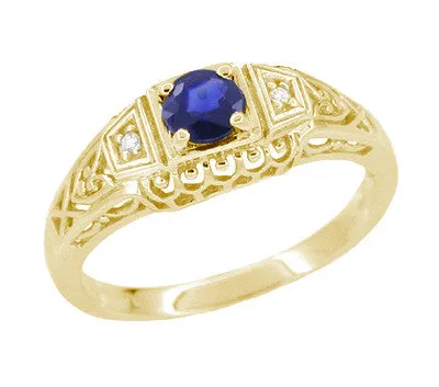 Rings Antique Jewelry Mall Dainty Filigree Art Deco Blue Sapphire and Side Diamond Engagement Ring in 14 Karat Yellow Gold Rings Antique Jewelry Mall Dainty Filigree Art Deco Blue Sapphire and Side Diamond Engagement Ring in 14 Karat Yellow Gold