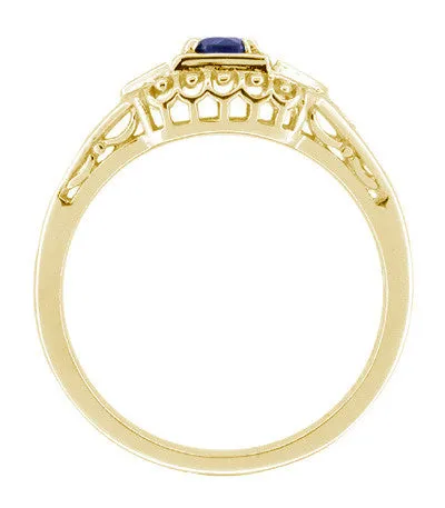 Rings Antique Jewelry Mall Dainty Filigree Art Deco Blue Sapphire and Side Diamond Engagement Ring in 14 Karat Yellow Gold Rings Antique Jewelry Mall Dainty Filigree Art Deco Blue Sapphire and Side Diamond Engagement Ring in 14 Karat Yellow Gold