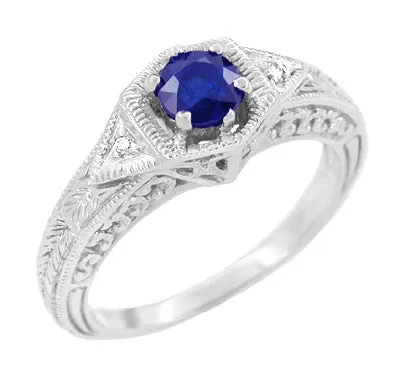 Rings Art Deco Sapphire and Diamond Filigree Engraved Engagement Ring in 14 Karat White Gold September Birthstone Antique Jewelry Mall Rings Art Deco Sapphire and Diamond Filigree Engraved Engagement Ring in 14 Karat White Gold September Birthstone Antique Jewelry Mall