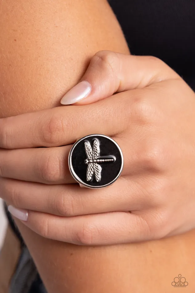 Rings Debonair Dragonfly Black Disc Silver Dragonfly Ring Paparazzi Paparazzi Accessories