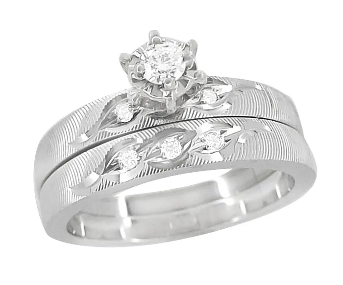 Rings Dillen Mid Century Modern Bridal Ring Set in 14K White Gold Antique Jewelry Mall