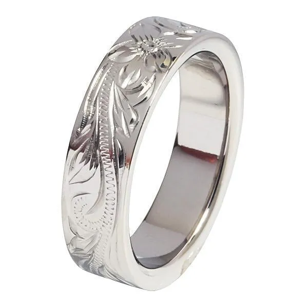 Rings Nakoa Titanium Hawaiian Scroll Engraved Flat Wedding Ring 6mm