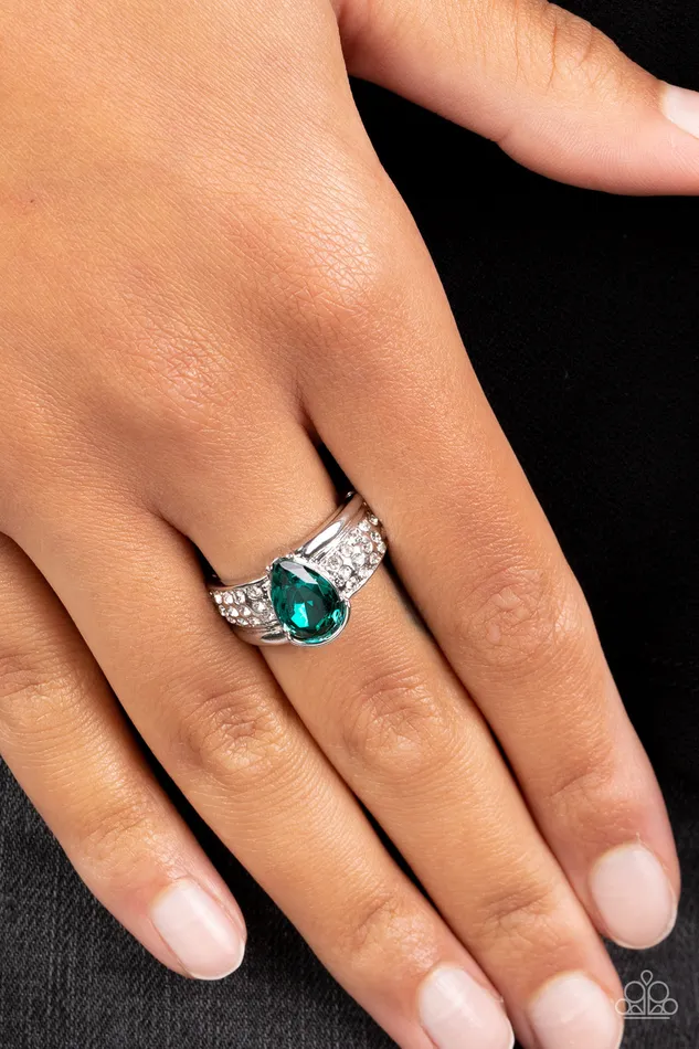 Rings Paparazzi Accessories Dive into Oblivion Green Gem White Rhinestone Silver Ring Paparazzi