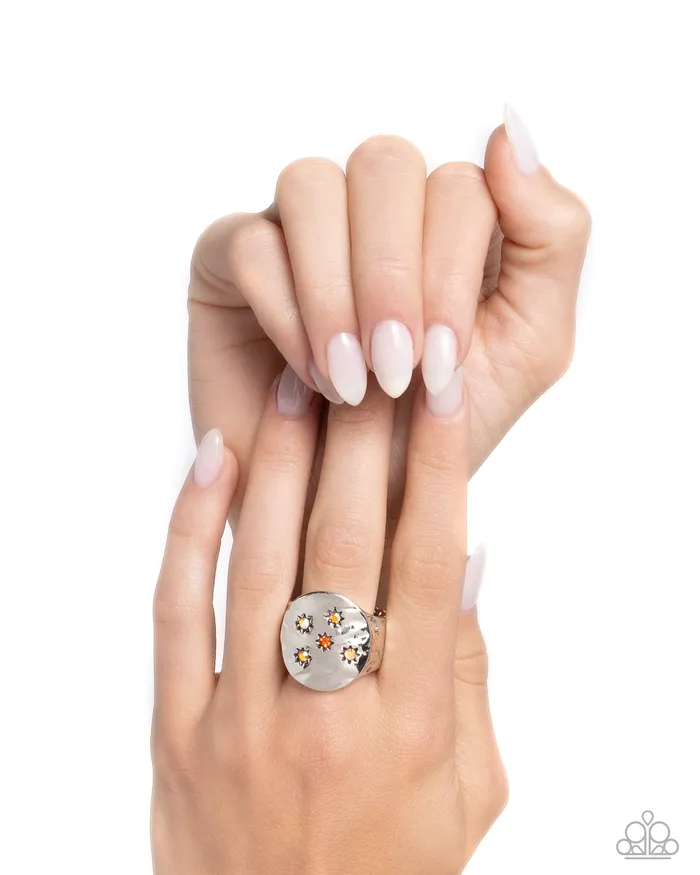 Rings Paparazzi Accessories Starry Serenade Orange Iridescent Rhinestone Star Silver Ring Paparazzi