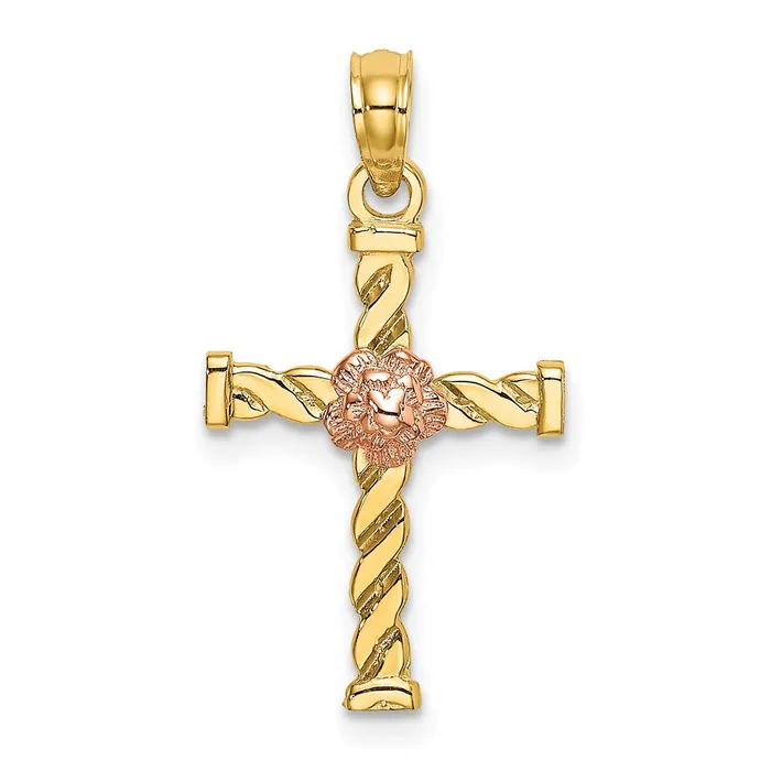 Rings Qgold 10k Twotone 13 mm TwoTone Twisted Cross w Flower Charm 083 grams Rings Qgold 10k Twotone 13 mm TwoTone Twisted Cross w Flower Charm 083 grams