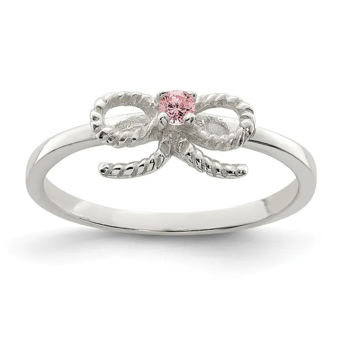Rings Qgold Sterling Silver Polished Twisted Pink CZ Bow Childrens Ring 117 grams