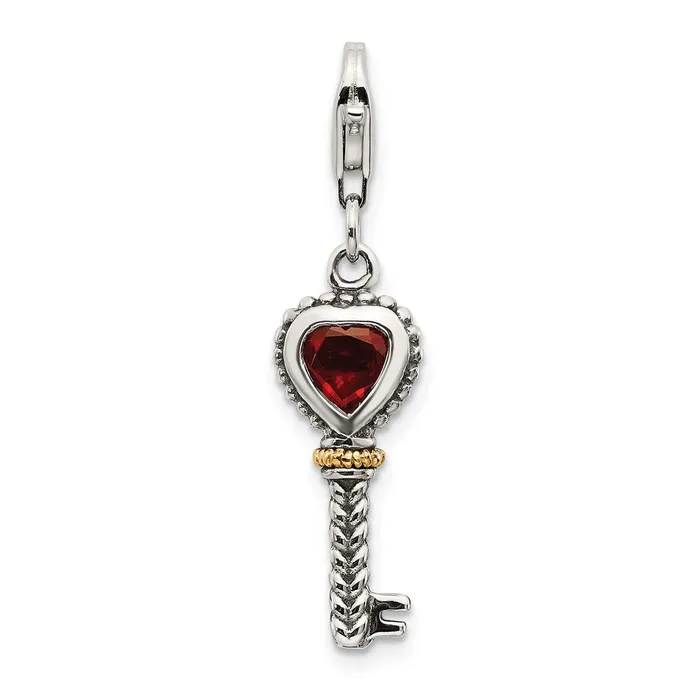 Rings Qgold Sterling Silver w14k Garnet Antiqued Key wLobster Clasp Charm 16 grams Rings Qgold Sterling Silver w14k Garnet Antiqued Key wLobster Clasp Charm 16 grams