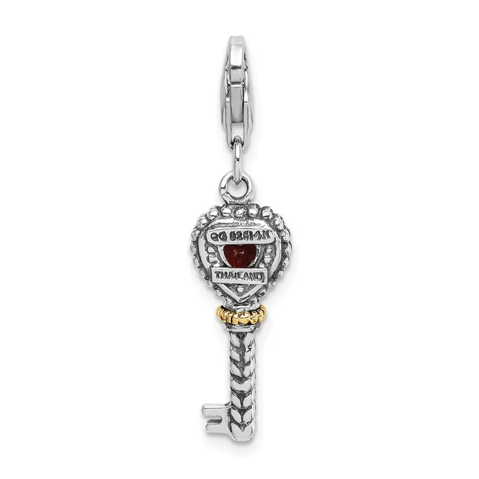 Rings Qgold Sterling Silver w14k Garnet Antiqued Key wLobster Clasp Charm 16 grams Rings Qgold Sterling Silver w14k Garnet Antiqued Key wLobster Clasp Charm 16 grams