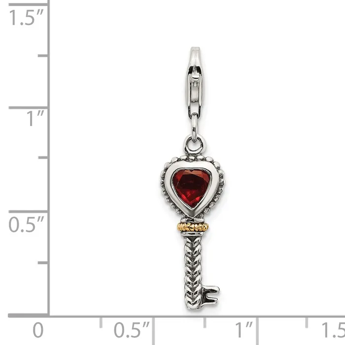 Rings Qgold Sterling Silver w14k Garnet Antiqued Key wLobster Clasp Charm 16 grams Rings Qgold Sterling Silver w14k Garnet Antiqued Key wLobster Clasp Charm 16 grams