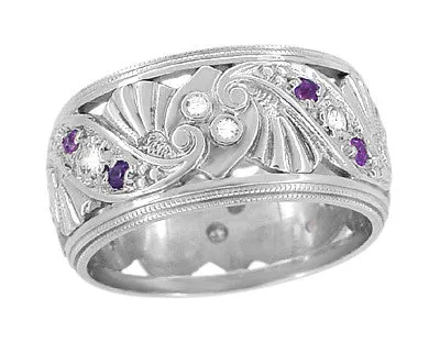 Rings Retro Moderne Filigree Amethyst and Diamond 95mm Wide Wedding Ring in 14K White Gold Size 6 Antique Jewelry Mall Rings Retro Moderne Filigree Amethyst and Diamond 95mm Wide Wedding Ring in 14K White Gold Size 6 Antique Jewelry Mall