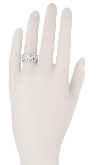 Rings Retro Moderne Filigree Amethyst and Diamond 95mm Wide Wedding Ring in 14K White Gold Size 6 Antique Jewelry Mall Rings Retro Moderne Filigree Amethyst and Diamond 95mm Wide Wedding Ring in 14K White Gold Size 6 Antique Jewelry Mall