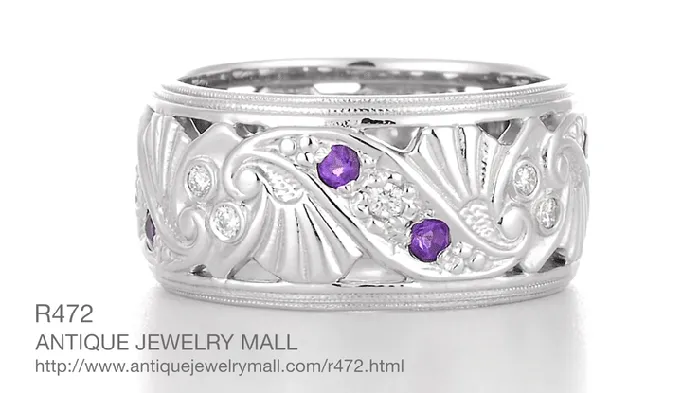 Rings Retro Moderne Filigree Amethyst and Diamond 95mm Wide Wedding Ring in 14K White Gold Size 6 Antique Jewelry Mall Rings Retro Moderne Filigree Amethyst and Diamond 95mm Wide Wedding Ring in 14K White Gold Size 6 Antique Jewelry Mall