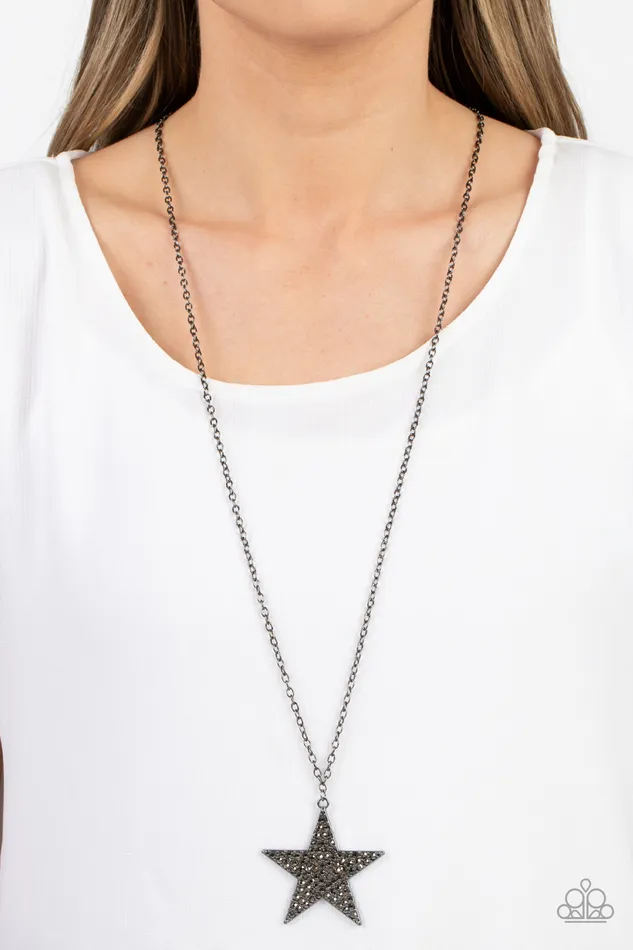 Rock Star Sparkle Black Star Hematite Rhinestone Long Gunmetal Necklace Paparazzi Paparazzi Accessories Necklaces