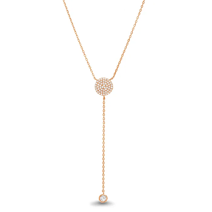 Rose CZ Pave Disc Bezel Drop YChain Necklace Noblepack CA Necklaces