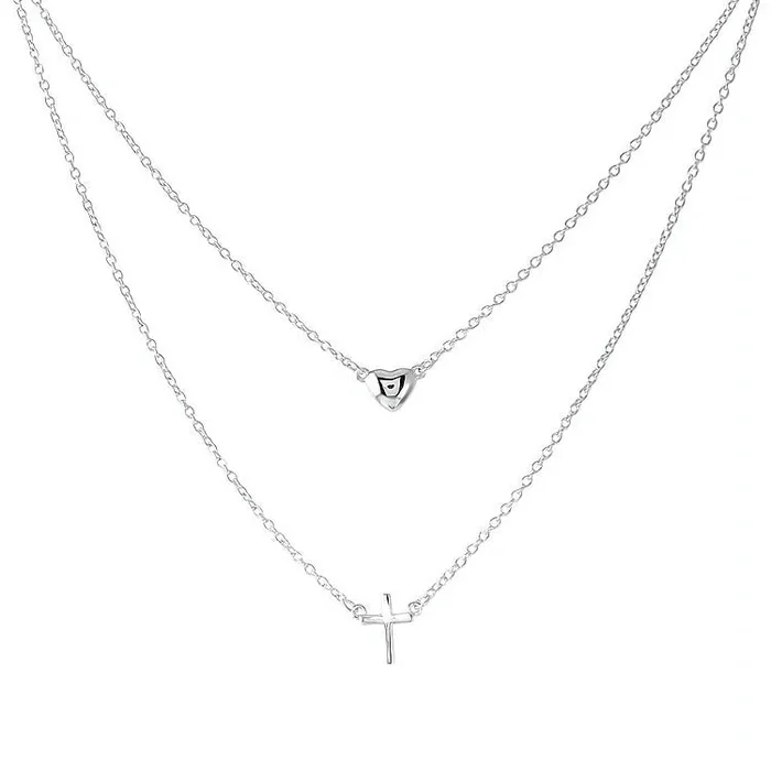 Silver Heart Cross Double Strand Heart and Cross Necklace 18inch ITALY Necklaces Silver Heart Cross Double Strand Heart and Cross Necklace 18inch ITALY Necklaces