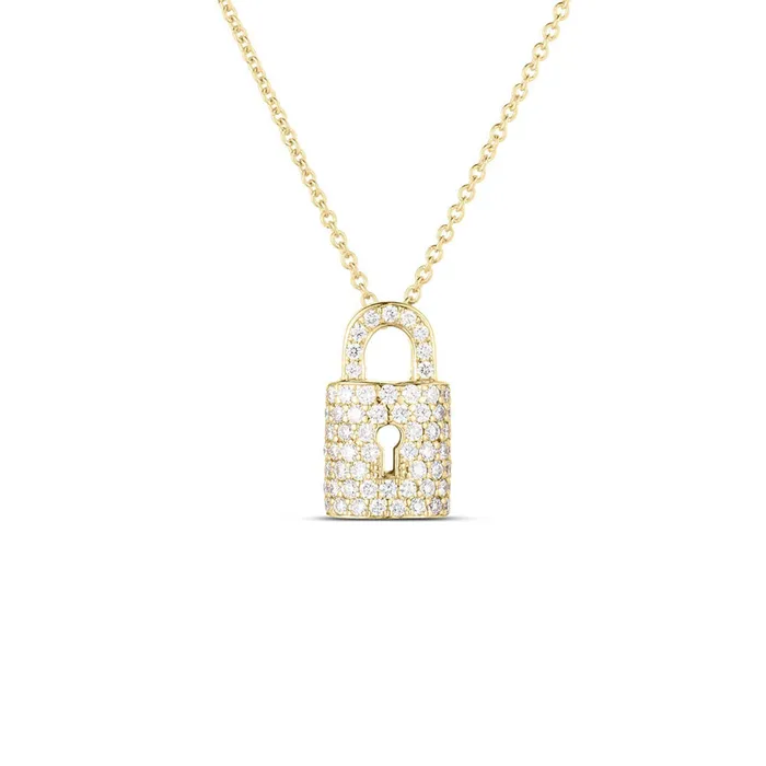 Skeies Jewelers Necklaces Roberto Coin Diamond Lock Necklace Pendant in Gold Skeies Jewelers Necklaces Roberto Coin Diamond Lock Necklace Pendant in Gold