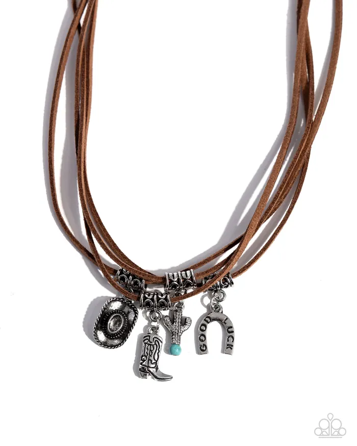 Southern Beauty Brown Leather Cord Cowboy Horseshow Cactus Boot Charm Silver Short Necklace Paparazzi Paparazzi Accessories Necklaces Southern Beauty Brown Leather Cord Cowboy Horseshow Cactus Boot Charm Silver Short Necklace Paparazzi Paparazzi Accessories Necklaces
