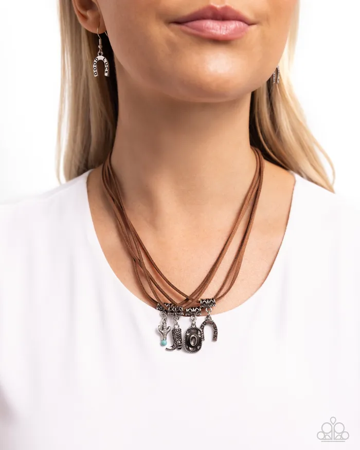 Southern Beauty Brown Leather Cord Cowboy Horseshow Cactus Boot Charm Silver Short Necklace Paparazzi Paparazzi Accessories Necklaces