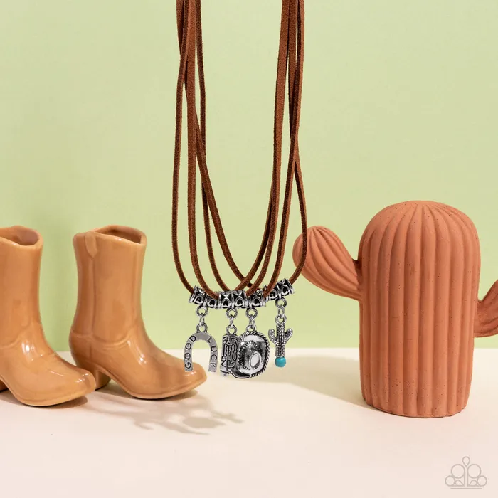 Southern Beauty Brown Leather Cord Cowboy Horseshow Cactus Boot Charm Silver Short Necklace Paparazzi Paparazzi Accessories Necklaces