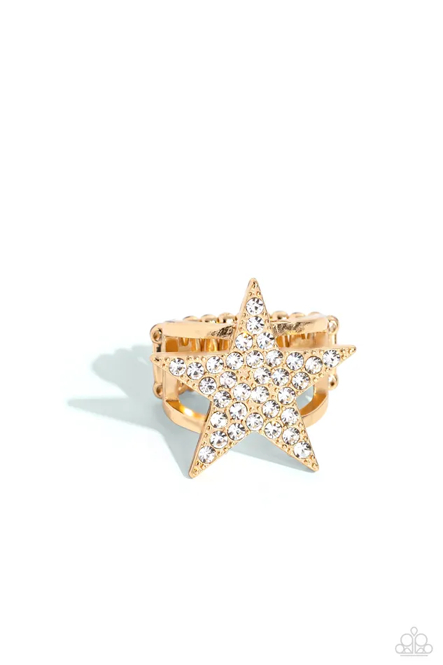 Star Pizzazz Gold with White Rhinestone Star Ring Paparazzi Paparazzi Accessories Rings Star Pizzazz Gold with White Rhinestone Star Ring Paparazzi Paparazzi Accessories Rings