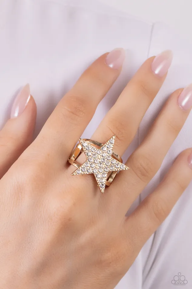 Star Pizzazz Gold with White Rhinestone Star Ring Paparazzi Paparazzi Accessories Rings