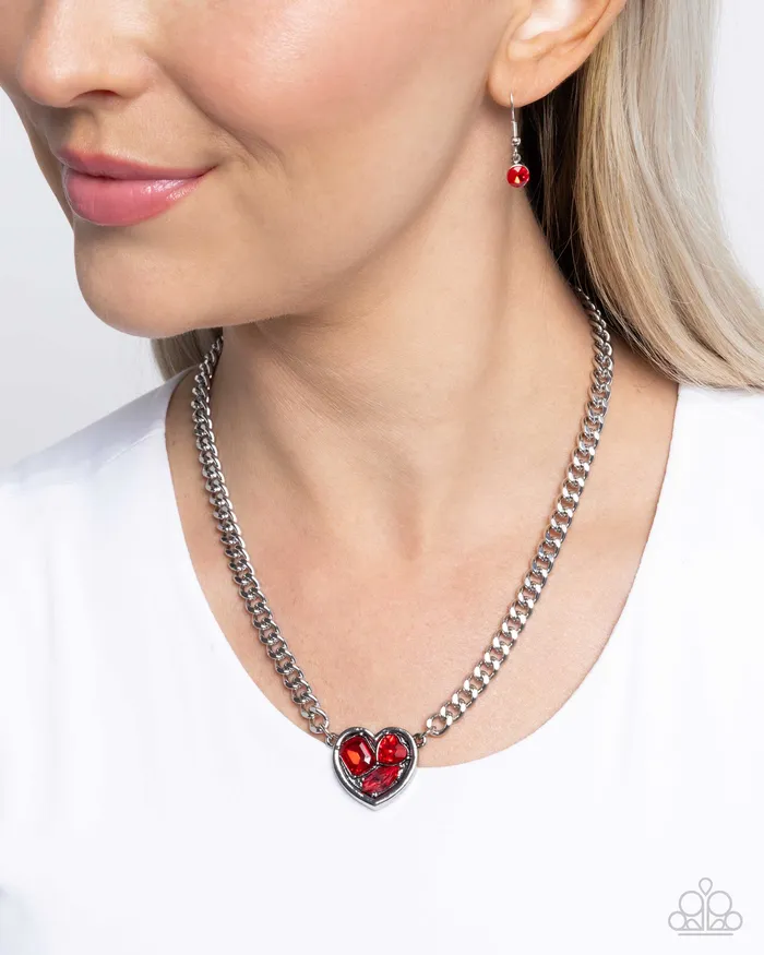 Tasteful Triad Red Gem Heart Silver Short Necklace Paparazzi Paparazzi Accessories Necklaces