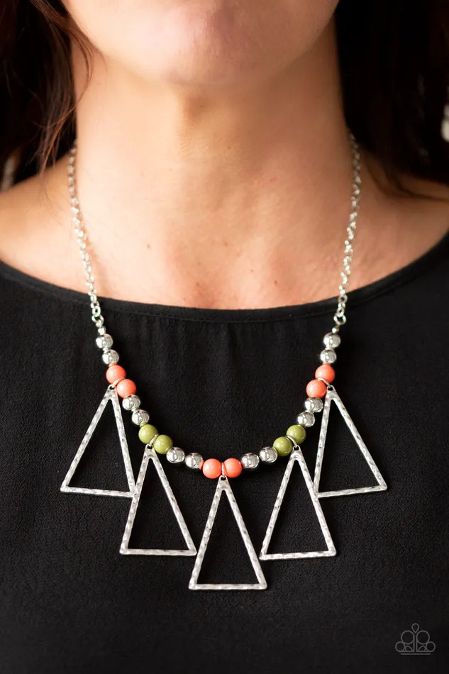 Terra Nouveau Multi Coral and Green Bead Silver Triangle Necklace Paparazzi Paparazzi Accessories Necklaces