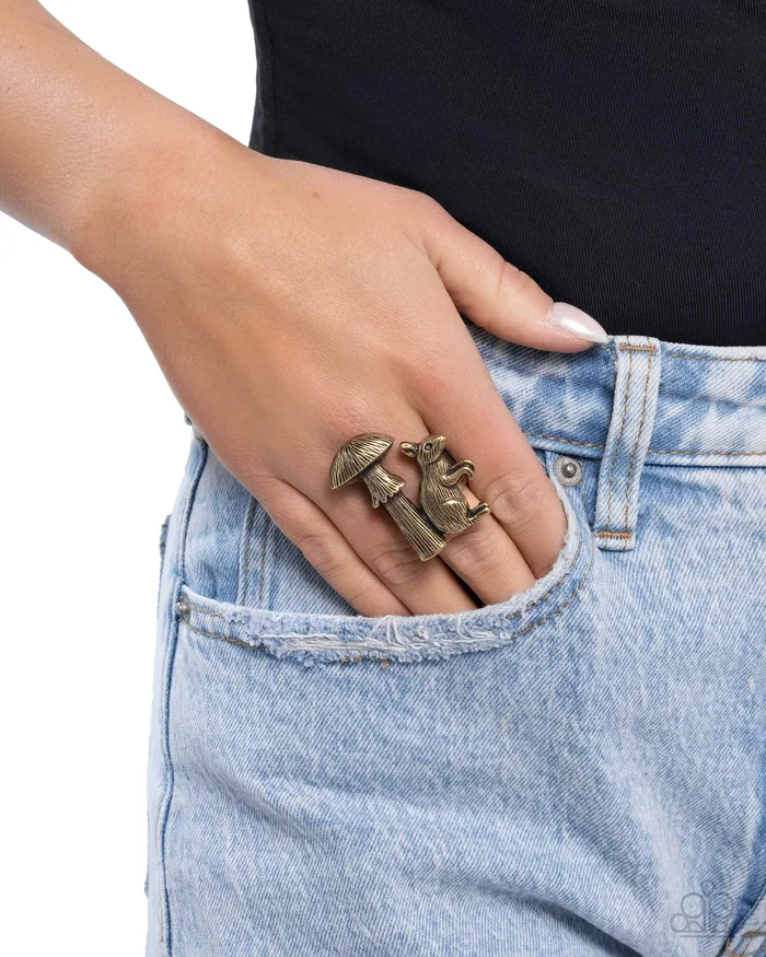 Textured Toadstool Brass Squirrel Squabbit and Mushroom Ring Paparazzi Paparazzi Accessories Rings