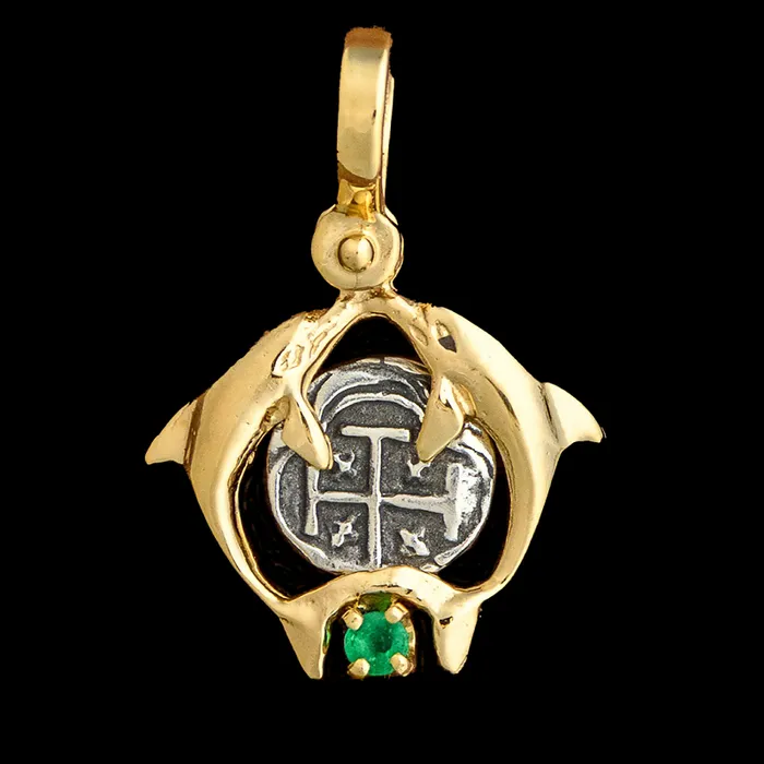The Treasure Shoppe Necklaces Atocha Jewelry Small Silver Coin 14K Gold Double Dolphin Pendant with Emerald The Treasure Shoppe Necklaces Atocha Jewelry Small Silver Coin 14K Gold Double Dolphin Pendant with Emerald