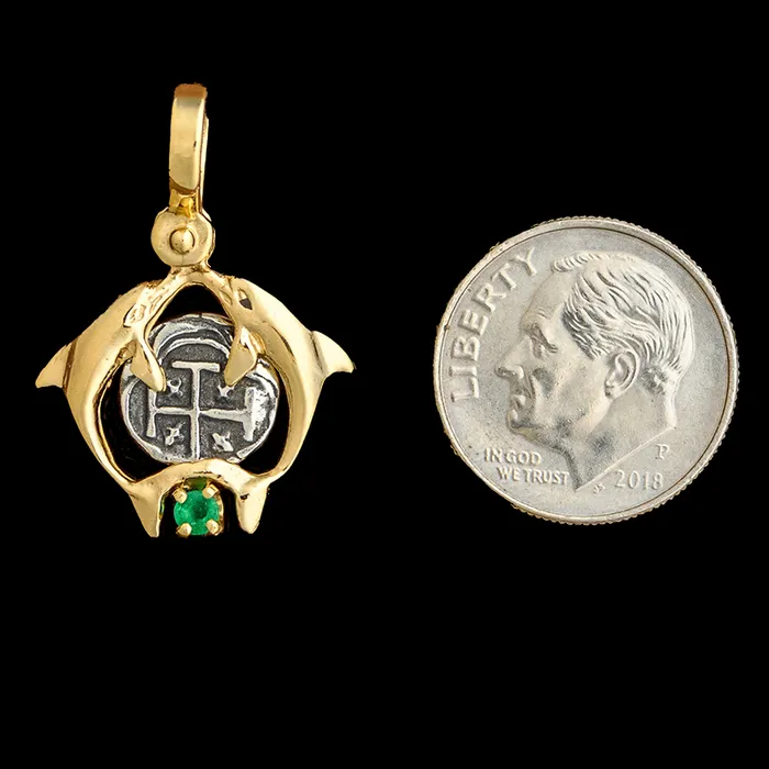 The Treasure Shoppe Necklaces Atocha Jewelry Small Silver Coin 14K Gold Double Dolphin Pendant with Emerald The Treasure Shoppe Necklaces Atocha Jewelry Small Silver Coin 14K Gold Double Dolphin Pendant with Emerald